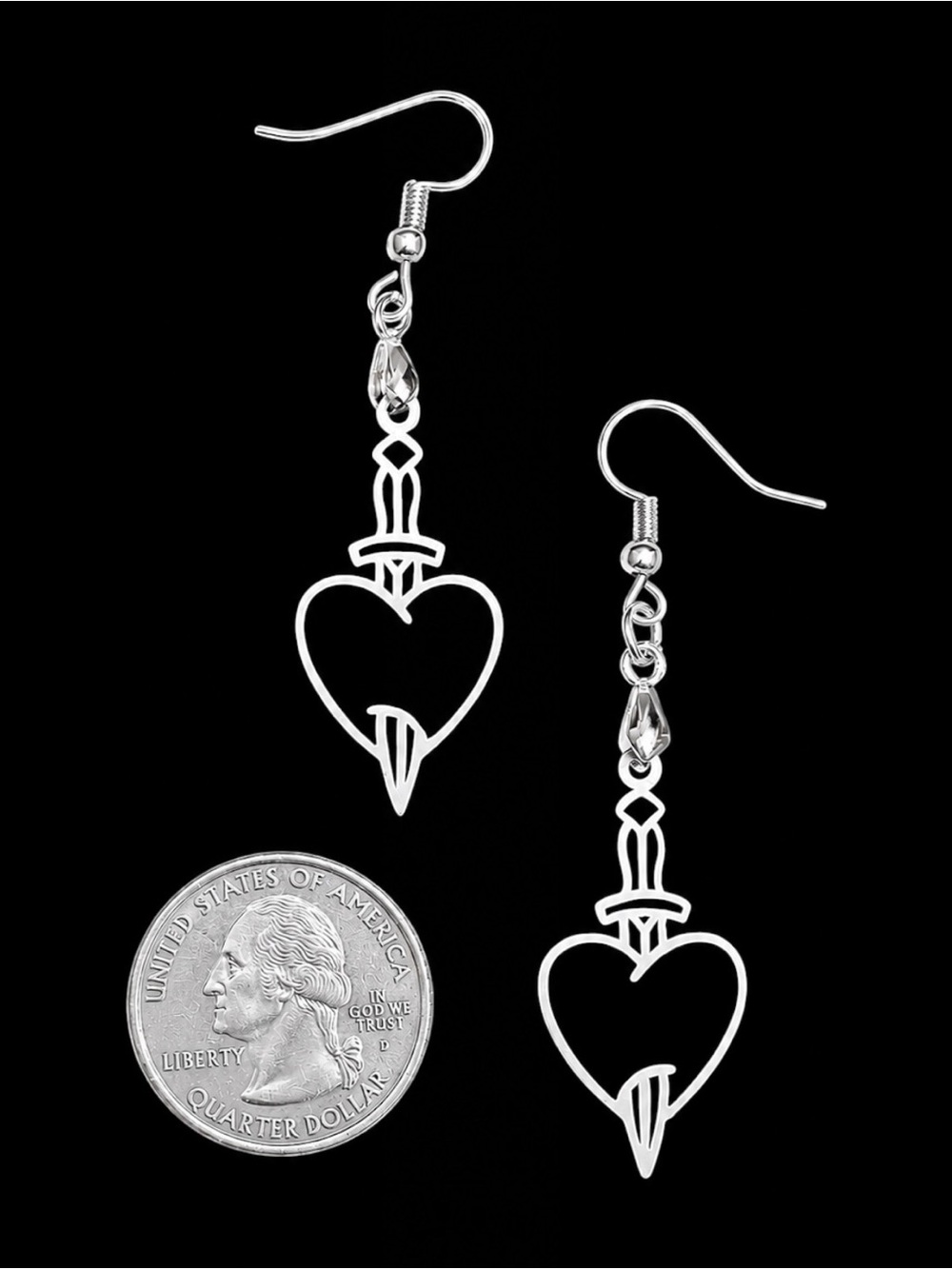 2 for $15 Women’s Silver Heart Dagger Drop Earrings